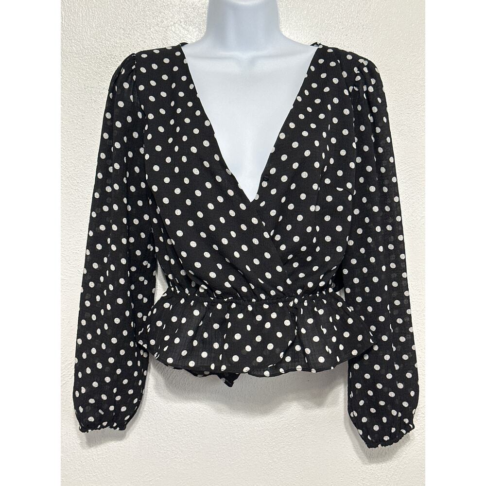 Faux Wrap Polka Dot Ruffle Open Back Top M Black Coquette Preppy Romantic Girly